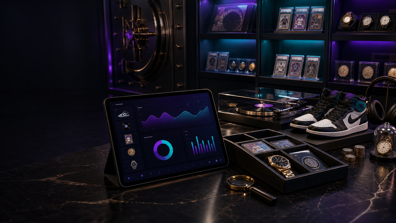 Premium collector vault workspace with analytics dashboard